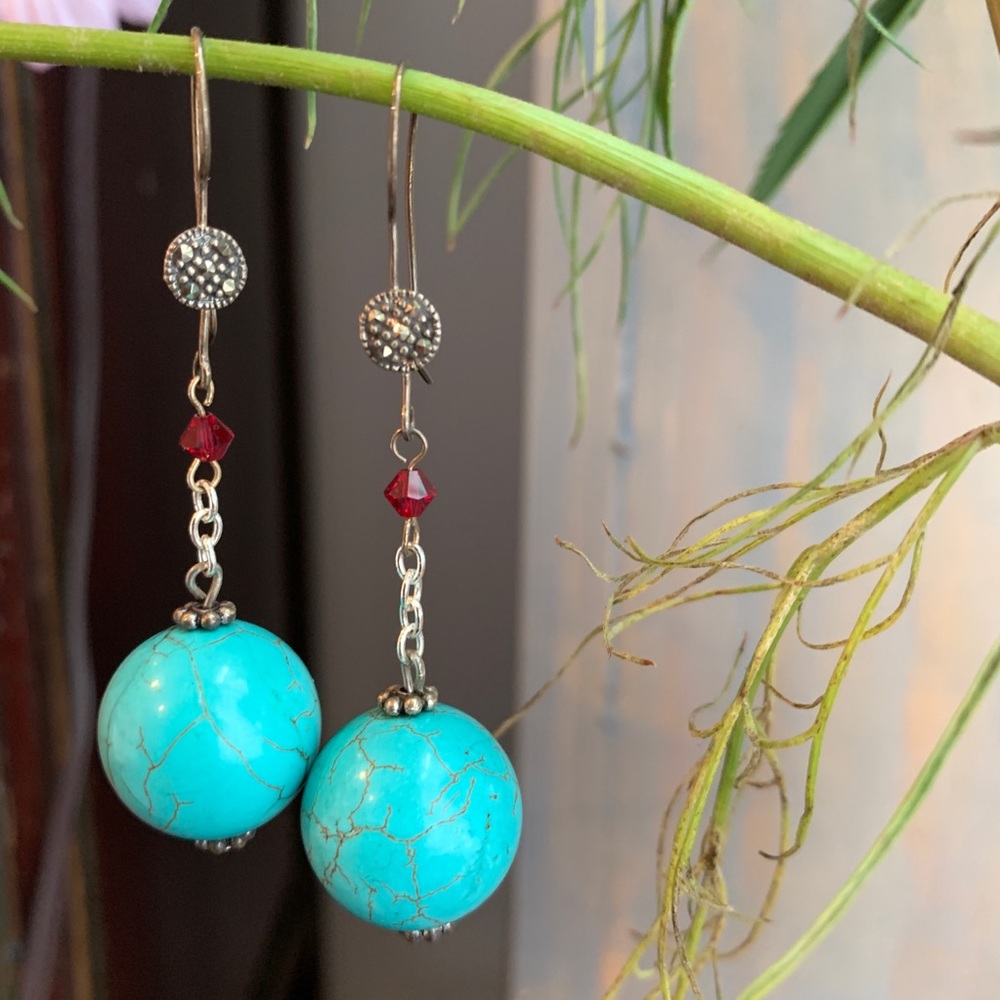 Turquoise beaded earrings, silver hook red crystal